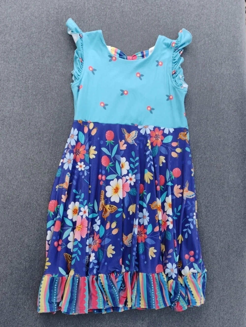 Girls Aqua & Navy Floral Ruffle Hem Casual Dress